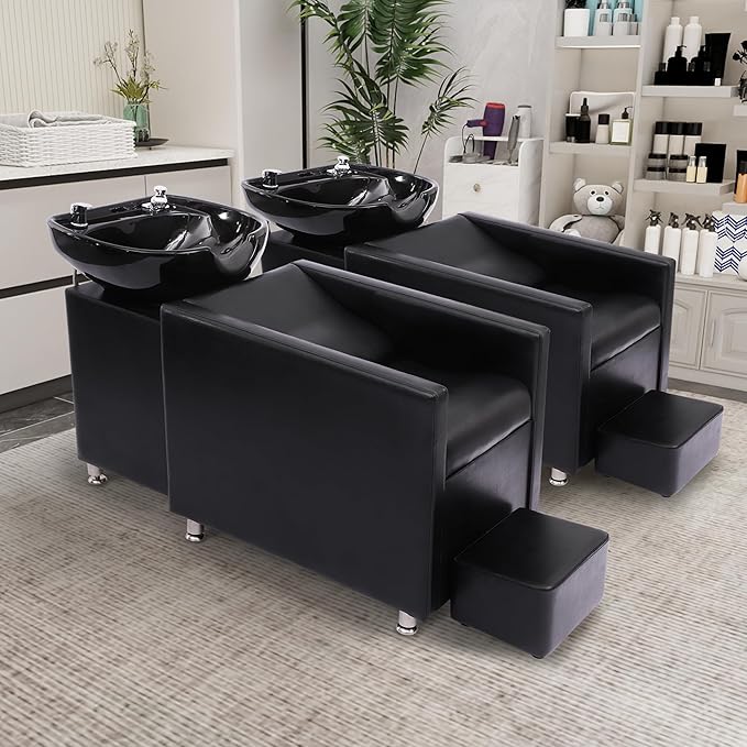Backwash Barber Chair, Shampoo Bowl Chair with Neckrest, Ceramic Shampoo Bowl Sink Unit, Hair Washing Station with Foot Pedal, Backwash Shampoo Station Chair for Barbershop