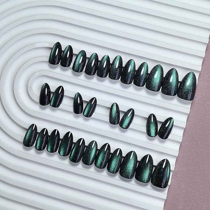 KQueenest Cat Eye Press On Nails Short Almond, Christmas Press On Nails with Glue, Sparkle Turquoise Green Black Fake Nails Stiletto, Soft Gel Glue On Nails for Woman with Glitter Effect, 30 Pcs