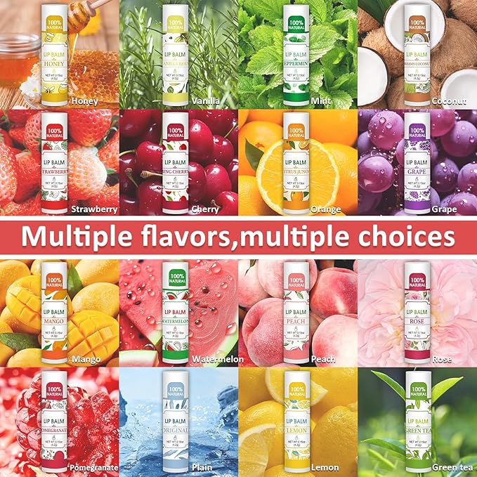16 Pack Lip Balm, Natural Lip Balm Bulk with Vitamin E and Coconut Oil, Bulk Moisturizing Lip Balms for Dry Lips-16 Flavors