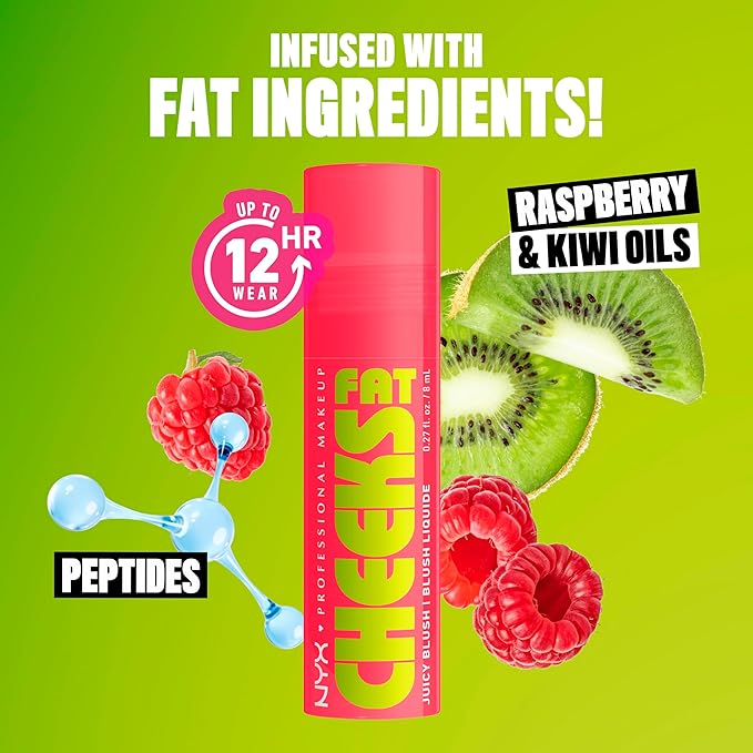 NYX PROFESSIONAL MAKEUP Fat Cheeks Liquid Blush, Buildable, Dewy Blush with Long-Lasting 12HR Wear - Bouncin Berry (Bright Watermelon)