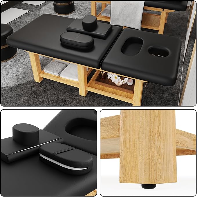 Wooden Professional Massage Table, Adjustable Backrest Heavy-Duty Stationary Massage Bed for Physical Therapy, Salon Facial Spa Bed, 4.4'' Thick PU Leather, 1000LBS, 31.5'' W × 75'' L