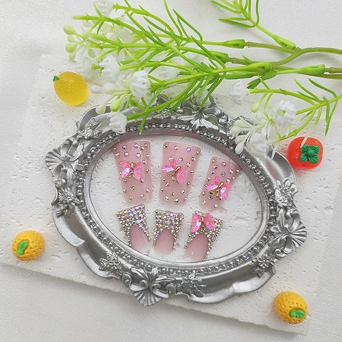 Duck Press on Nails Medium Fake Nails with Butterfly Rhinestones Designs French Tip Nails Press ons Glossy Glue on Nails Pink Acrylic Nails Artificial Stick on Nails for Women 24Pcs