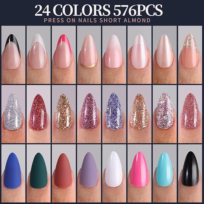 FANDAMEI Press on Nails, 24 Colors 576PCS Press on Nails Almond, Matte Glossy Press on Nails Short Almond, Glitter Fake Nails, Press on Nails French Tip Natural, Press on Nails for Nail Art