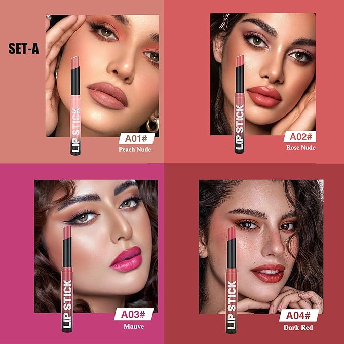 4Pcs Pink Nude Peach Light Purple Rose Wood Matte Lipstick Set，Creamy Matte+Lipsticks，Hydrating Balm-in-Lipstick，Velvety Finish for Women Daily Lip Makeup，High-pigment Formula，Easy to use and color