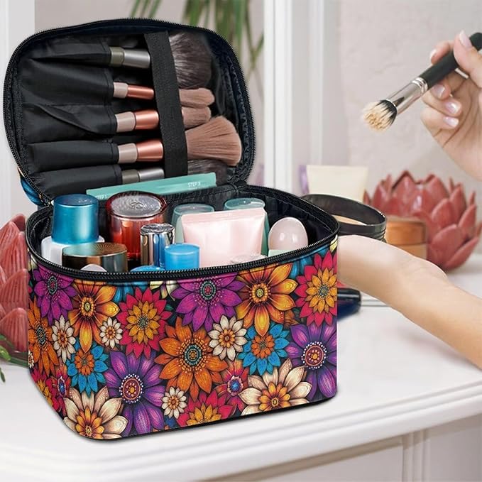 Vibrant Hippie Flower Pattern Travel Makeup Bags for Women Portable Tote Cosmetic Case with Carry Handle Toiletry Accessories Storage Organizer Bags