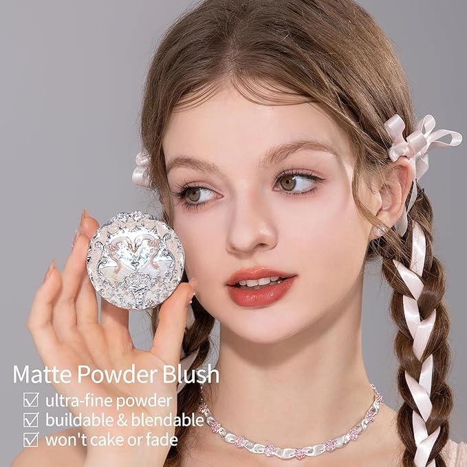 Flower Knows Swan Ballet Embossed Blush,Translucent Matte Finish,Buildable & Blendable Powder Blush for cheeks,Pressed Setting Powder,Natural Flush for All Skin Tones(01 Niveous Swan,5g)