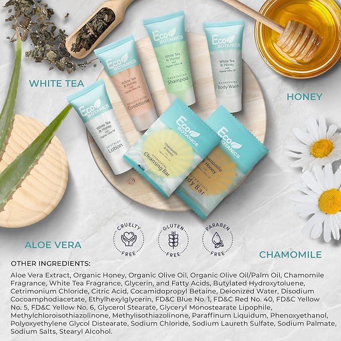 Eco Botanics Amenity & Accessory Kit | 0.85 oz Travel Size Shampoo, Conditioner, Lotion, Body Wash, Body Bar, Cleansing Bar, Shave & Dental Sets, Make-Up Remover Wipes, & Vanity Kit | 1 set per case