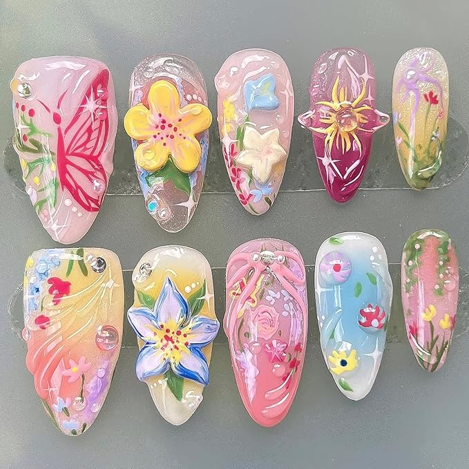 24Pcs Flower Press on Nails Medium Almond Fake Nails Colorful Flowers Bow Butterfly with Rhinestones Designs Full Cover Cute Stick on Nails Summer False Nails for Women Girls Artificial Acrylic Nails