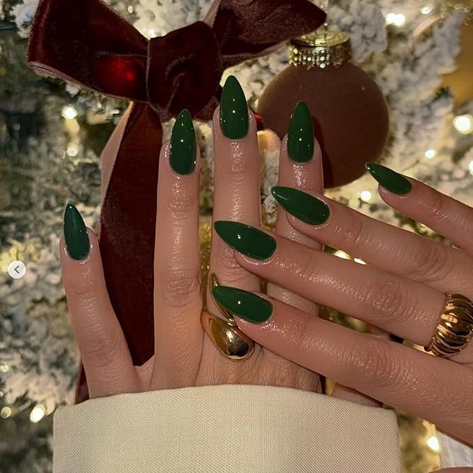 48Pcs Dark Green Press on Nails Almond Fake Nails Glue on Nails Medium Length Almond Shaped Press ons, Medium Stiletto False Nail for Women, Thick Acrylic Gel Nail