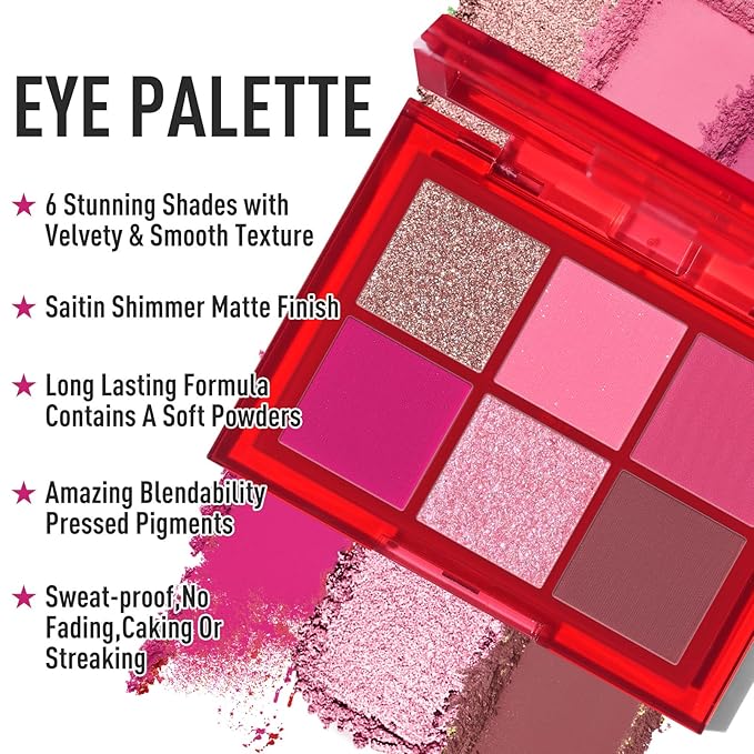 BOBISUKA Eyeshadow + Matte Lipstick Makeup Kit, 6 Colors Pink Rose Plum Shimmer Matte Gold Metallic Eye Shadow Pallet with Red Liquid Lipstick Makeup Set for Halloween, Daily,Parties, Concert
