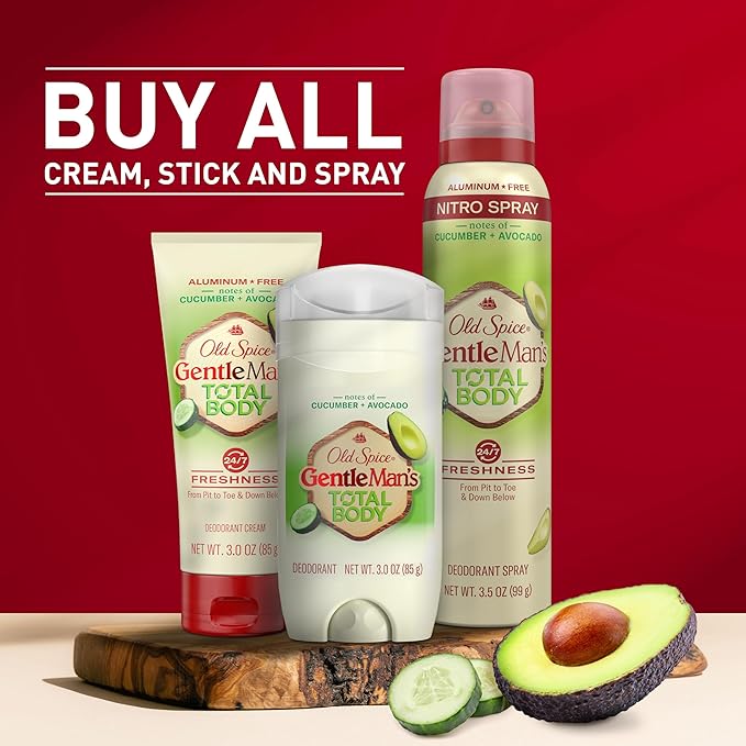 Old Spice Whole Body Deodorant for Men, Total Body Deodorant, Cucumber + Avocado, Aluminum Free Deodorant Cream for 24/7 Freshness // Dermatologist Tested Whole Body Deodorant, 3.0 oz