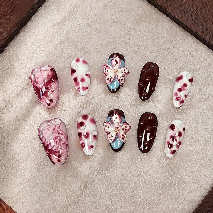 10Pcs Handmade Press on Nails Short Almond Fake Nails Tropical Flower Artificial Nails with 3D Rhinestones Designs Summer False Nails Red Glossy Acrylic Nails Full Cover Stick on Nails for Women
