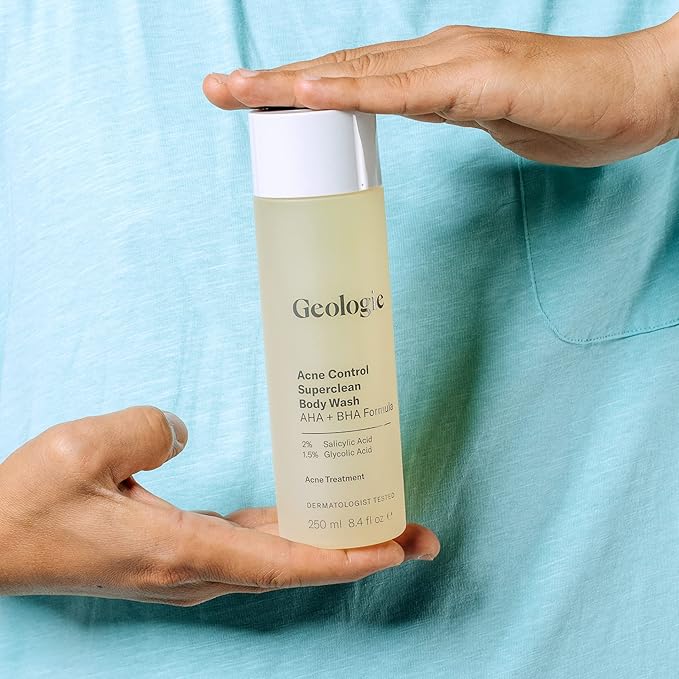 Geologie Acne Control Body Wash | Exfoliating AHA + BHA Cleanser for Men & Women | Reduces Bacne & Body Breakouts | Salicylic Acid + Glycolic Acid | 8.4 Fl Oz