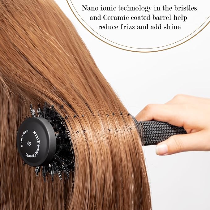 Round Brush, (Barrel 1.7 Inch, 45mm) Nano Thermal Ceramic & Ionic Tech Round Barrel Roller Hair Brush with Boar Bristles for Blow Drying-Black