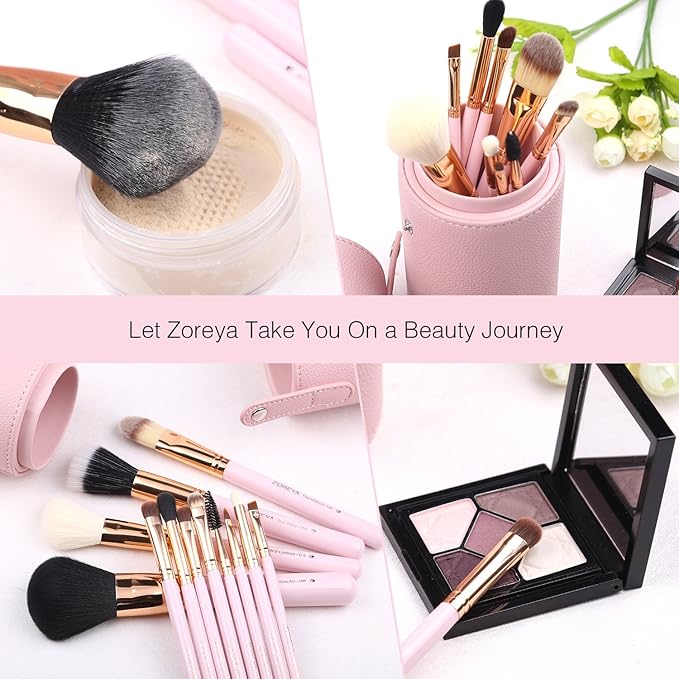 Z'OREYA Makeup Brush Set 12pcs Pink Synthetic Makeup Brushes Travel Set With Holder Makeup Brush Organizer Foundation Powder Contour Blush Eye Cosmetic Brush Sets in Case With Bonus Gift Makeup Sponge