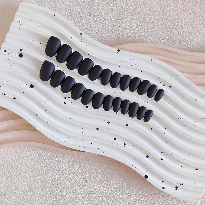 Matte Black Press on Nails Short Almond Fake Nails Press ons, Thick Solid Color Glue on Nails Short False, Medium Almond Oval Round Shaped for Women, 24Pcs Natural Acrylic Gel Nail