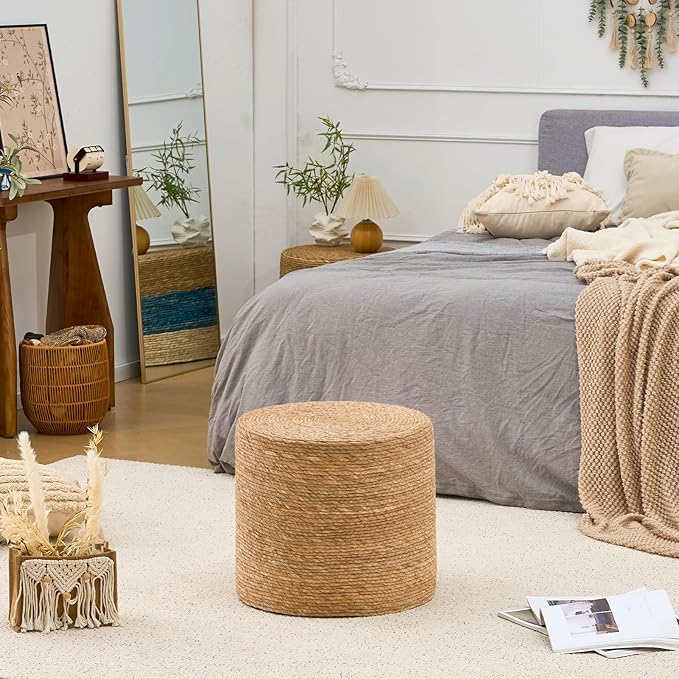 Wimarsbon 18'' Ottoman Pouf, Natural Braided Poof, Rustic Handweave Lounge Pouffe, Boho Footrest Stool for Bedroom, Accent Table for Living Room (18inch Natural Cattail)