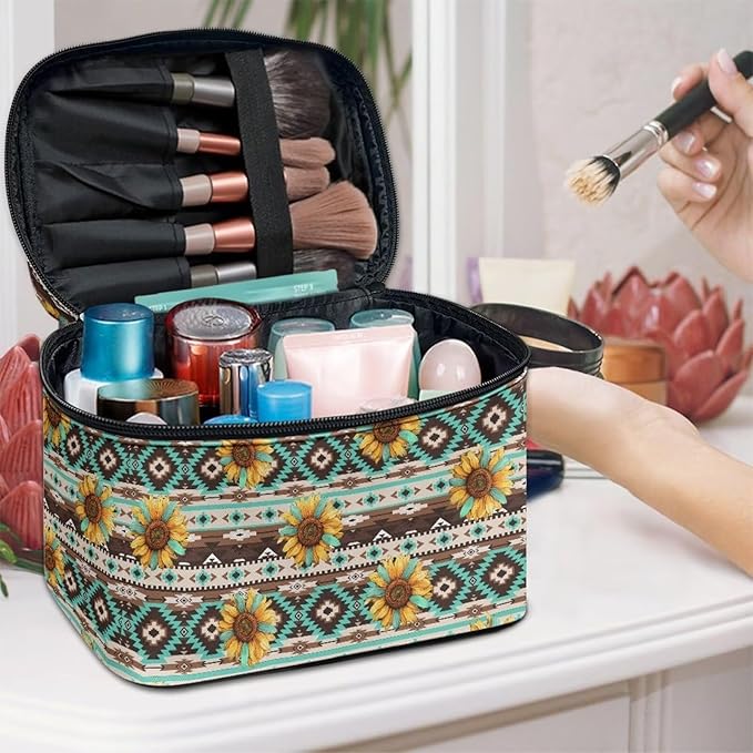 Navajo Aztec Tribal Sunflower Pattern Travel Makeup Bags for Women Portable Tote Cosmetic Case with Carry Handle Toiletry Accessories Storage Organizer Bags