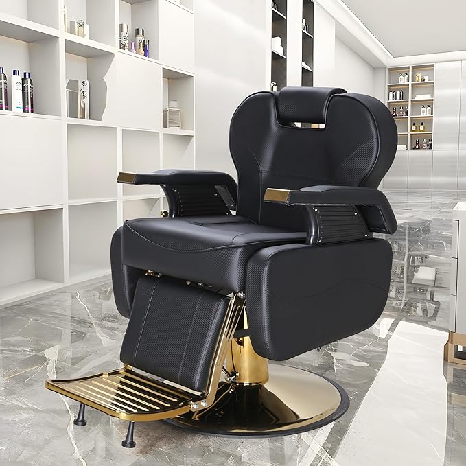 FHFO Barber Chairs for Barbershop, Heavy Duty Hydraulic Barber Chair 360° Swivel Reclining, Adjustable PU Leather Beauty Salon Chair for Barbershop Spa Black/Gold