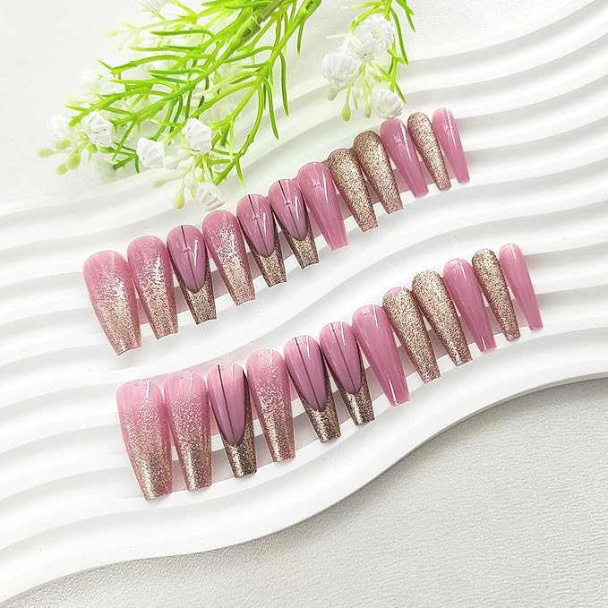 Extre Long Press on Nails Coffin Long Fake Nails with Golden Glitter Design Brown Lines French Tip Glue on Nails Purple-Pink False Nails Press ons Glossy Artificial Stick on Nails for Women 24Pcs