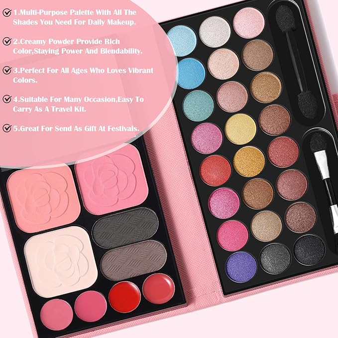 All in One Makeup Kit for Women Full Kit - 24 Eyeshadow, 4 Lipsticks, 2 Blushers, 1 Powder, 2 Eyebrow Powder, 1 Mirror, 2 Double Ended Brush, Makeup Gift Set for Teen Girls Women Beginner and Pros