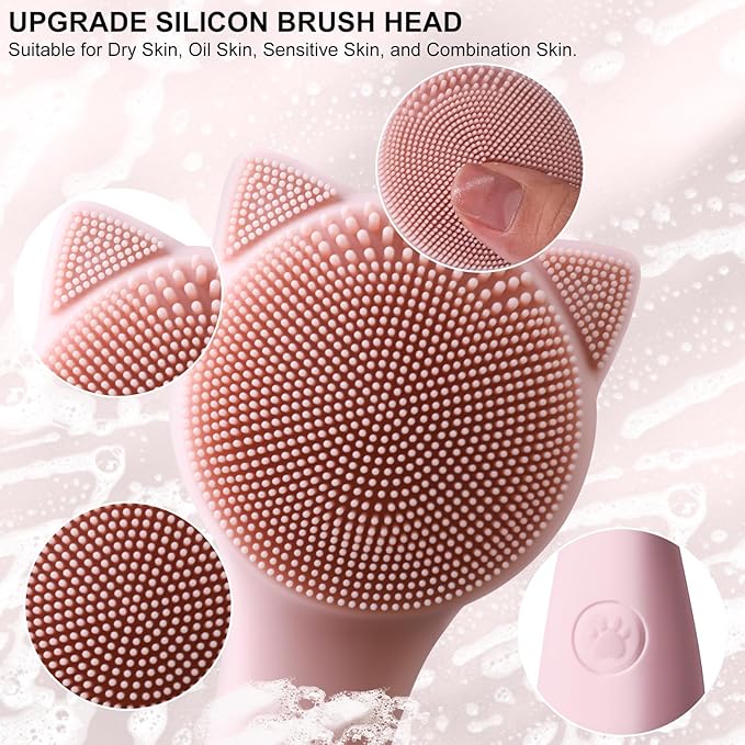 Facial Cleansing Brush, Silicone Face Scrubber Exfoliator for Men & Women, Electric Face Brush Waterproof, with 3 Speeds Adjustable for Deep Cleaning, Removing Blackhead, Facial Massaging (Pink)