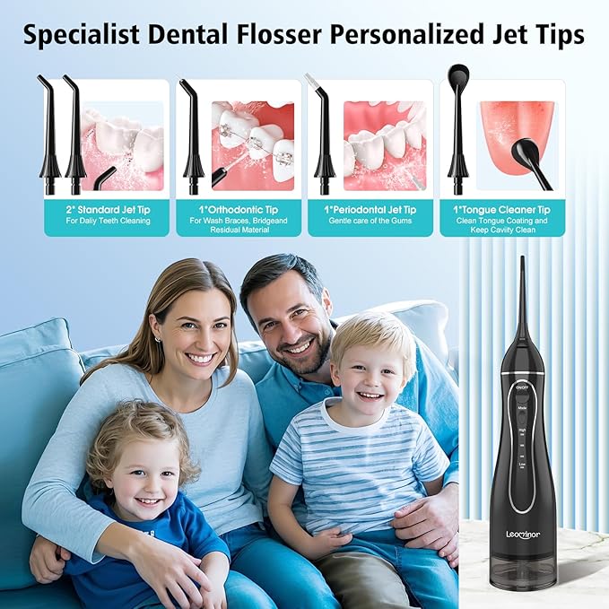 Leominor Water Flosser Pick for Teeth, 300ML Portable Oral Irrigator Upgraded Tank Removable,IPX7 Waterproof, Rechargeable Travel Teeth Cleaner, Professional Electric Flossing Machine (Black)