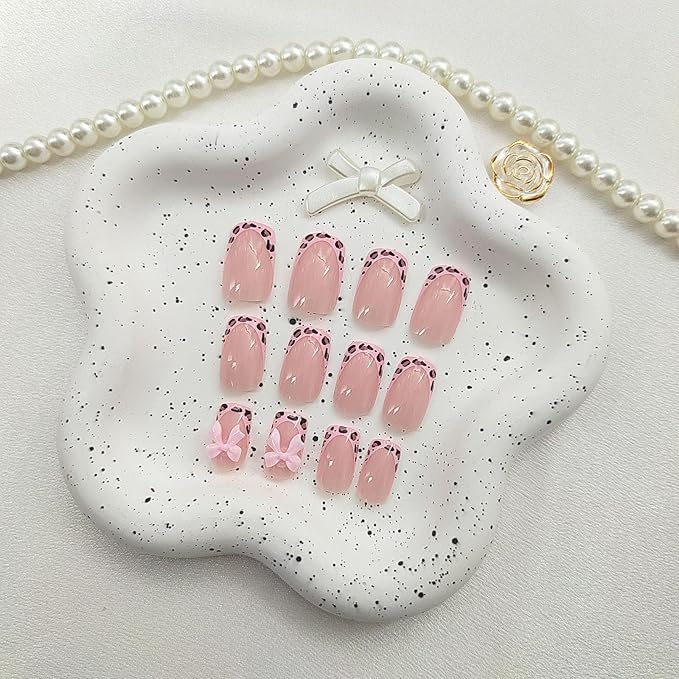 Medium Press on Nails Square Fake Nails with 3D Bow Designs Leopard French Tip Nails Press ons Glossy Glue on Nails Pink Acrylic Nails Cute False Nails Spring Stick on Nails for Women 24Pcs