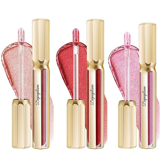 3Pc Lipsticks Set for Women Metallic Lipstick Long Lasting Dark Red Pink Burgundy Lip Gloss, Metal Shine Lightweight Hydrating Full Coverage Lip Color, DP101/104/108