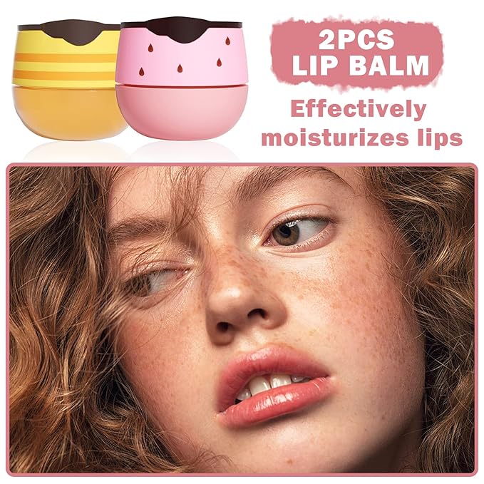 2PCS Bee Lip Balm Honey Pot,Honey Lip Balm With Honey Spoon,Honey Lip Mask Moisturizing Hydrating Prevents Dry and Chapped Lips,Lip Exfoliating Bee Lip Balm（Honey+Strawberry）