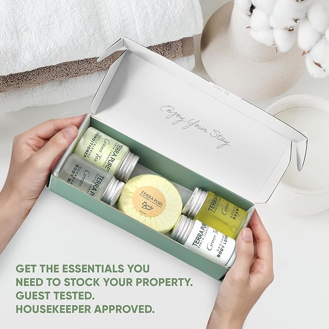 Terra Pure Green Tea Amenity Kit | Boxed Hotel Bulk Toiletries | 1 oz Shampoo, Conditioner, Lotion, Body Wash, Body Bar Soap for Guest Hospitality Vacation Rentals | 15 Sets/Case