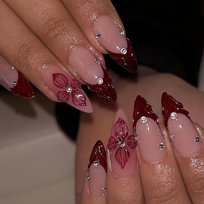 24Pcs Red French Tip Press on Nails Almond Medium Fake Nails 3D Flowers Cute False Nails with Designs Acrylic Nails Floral Rhinestone Stick on Nail Autumn Winter False Nails Artificial Nail for Women