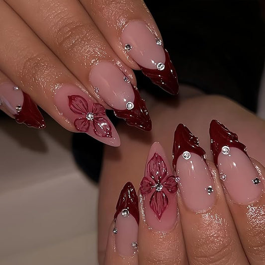 24Pcs Red French Tip Press on Nails Almond Medium Fake Nails 3D Flowers Cute False Nails with Designs Acrylic Nails Floral Rhinestone Stick on Nail Autumn Winter False Nails Artificial Nail for Women