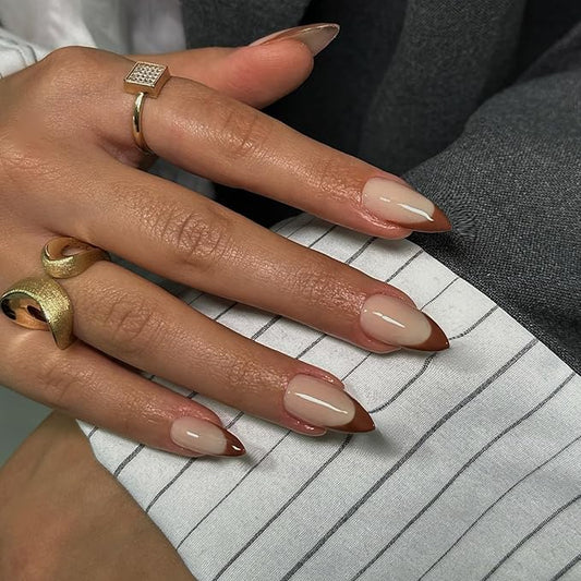 30Pcs Brown French Tip Press on Nails Short Almond Nails Press ons, Short Fake Nails Almond Shaped Acrylic French Glue on Nails False Nail for Women, Natural Stiletto Nail 15 Sizes