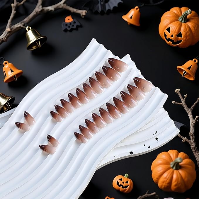 KQueenest Press On Nails Almond - Ombre Brown Press On Nails Medium Length, French Dark Fake Nails with Nail Glue, Reusable Soft Gel Gradient Nude Brown Glue On Nails for Women Decoration, 24 Pcs