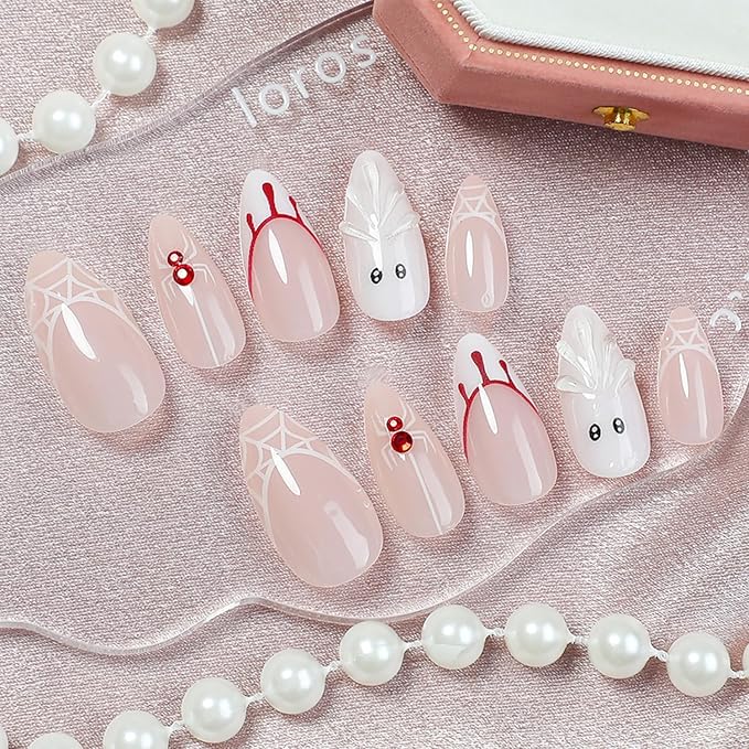 24Pcs Spider Web Press on Nails Medium Almond French Tip Fake Nails Horror Bloody Drop Full Cover Tip Glue on Nails Artificial Reusable Cute Ghost False Nails Stick on Nail for Women Acrylic DIY