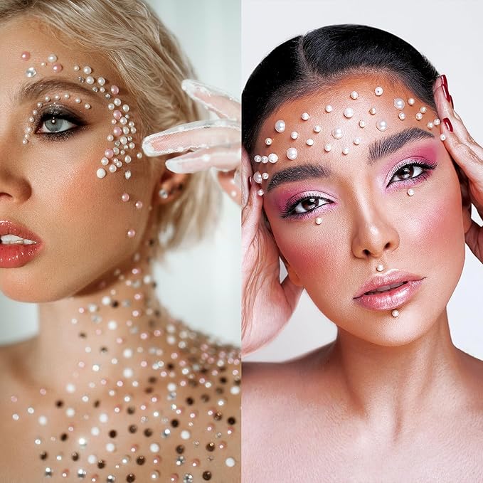 975Pcs Face Gems Hair Gems, Self-Adhesive Face Jewels Eye Jewels Rhinestones 3/4/5/6 mm DIY Face Gems Stick on, Hair Body Rhinestones Gems Crystals Pearls for Face Makeup, Crafts (Pearl_White)