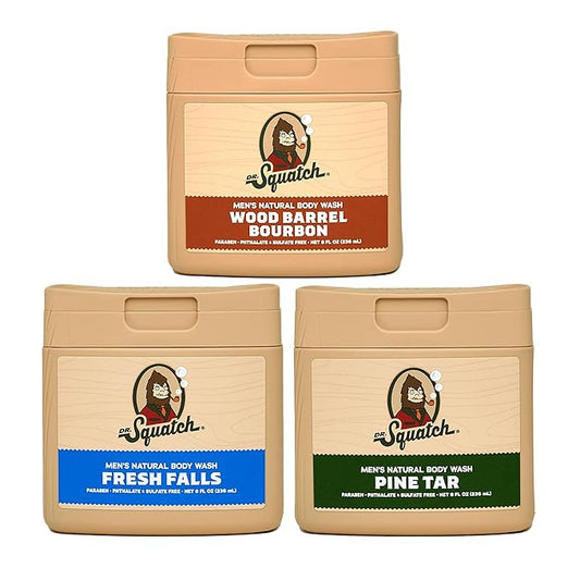 Dr. Squatch NEW Body Wash for Men with Nourishing, Natural Ingredients | No Paraben, Phthalate, Sulfate | All Day Moisturization | Pine Tar, Wood Barrel Bourbon & Fresh Falls (8 oz, 3-Pack)