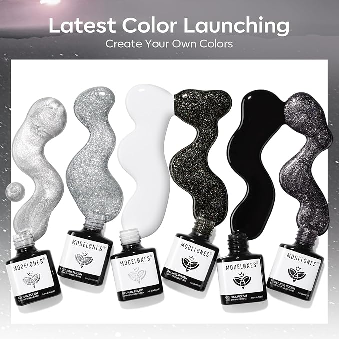 modelones Gel Nail Polish Set, 6 Colors Cat Eye Black White Gray Silver Glitter Shimmer Gel Polish Kit with Magnet Sparkle Galaxy Series Soak Off Nail Art Manicure Home Gift for Women Girl