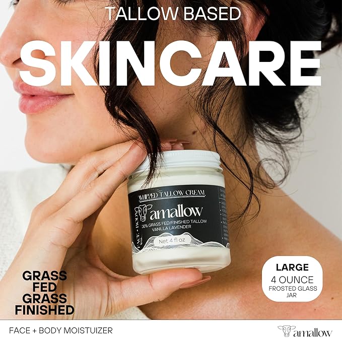 Amallow 100% Grass Fed Beef Tallow for Skin Care - Face + Body - Whipped Moisturizer - Natural Lotion, 4 FL. oz. (Vanilla Lavender)