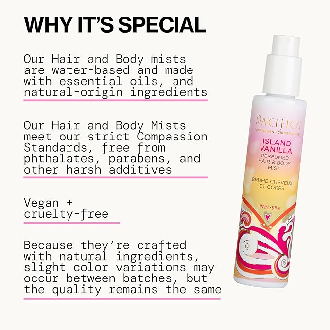 Pacifica Mini Island Vanilla Hair Mist Perfume and Full Body Spray for Women - Body Mist Fragrance Spray for A Mood-Lifting Experience, Paraben-Free, Clean Beauty Alcohol-Free, Vegan 2 oz
