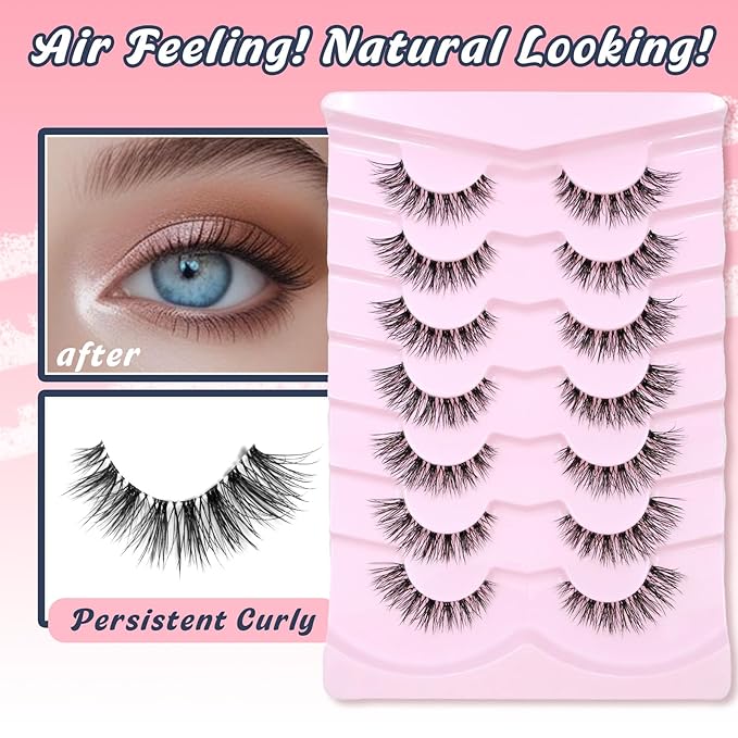 False Eyelahses Wispy Lashes Cat Eye 10MM Short Lashes C Curl Soft Lash Strips Fake Eyelashes Natural Look Cat Eyelash Pack with Clear Band Siligli 7 Pair