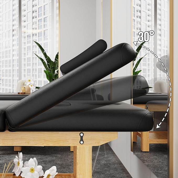 Wooden Professional Massage Table, Adjustable Backrest Heavy-Duty Stationary Massage Bed for Physical Therapy, Salon Facial Spa Bed, 4.4'' Thick PU Leather, 1000LBS, 31.5'' W × 75'' L
