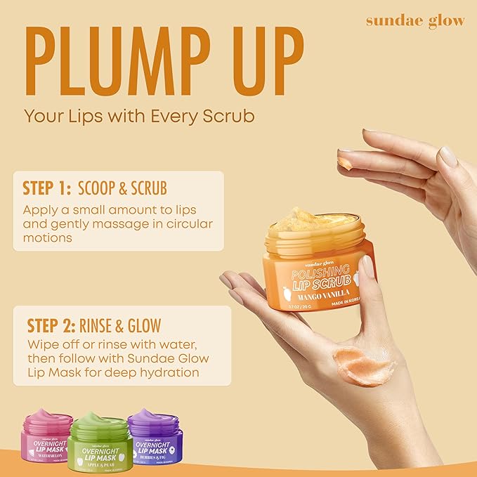 Mango Vanilla Lip Scrub - Dermatologist Tested, Anti-Aging, Korean Skin Care, Deep Exfoliation & Hydration - Smooth, Soft, Plump Lips - Clean Beauty, Vegan, Non-GMO - 1 Pack