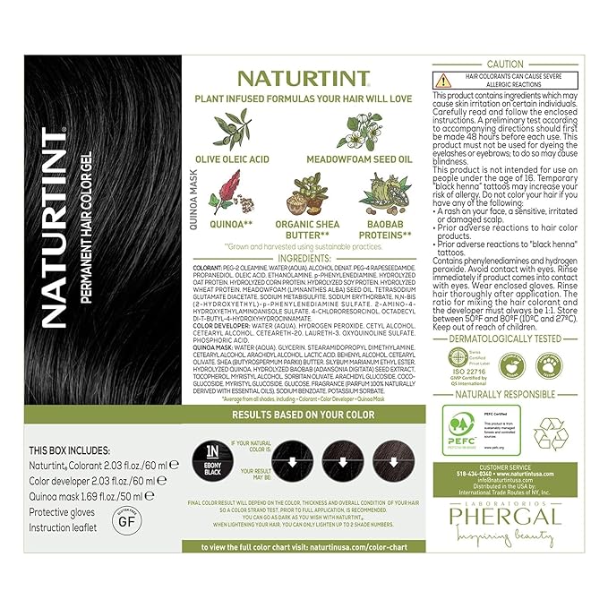 Naturtint 1N Ebony Black Permanent Hair Color (Pack of 1), Ammonia Free, Vegan, Cruelty Free, up to 100% Gray Coverage, Long Lasting Results (Packaging may vary)