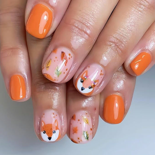 24Pcs Fall Press on Nails Short Square Fall Fake Nails with Cute Fox Maple Leaf Design Glue on Nails Orange Stick on Nails Glossy Thanksgiving Maple Leaves Full Cover Artificial Nails for Women