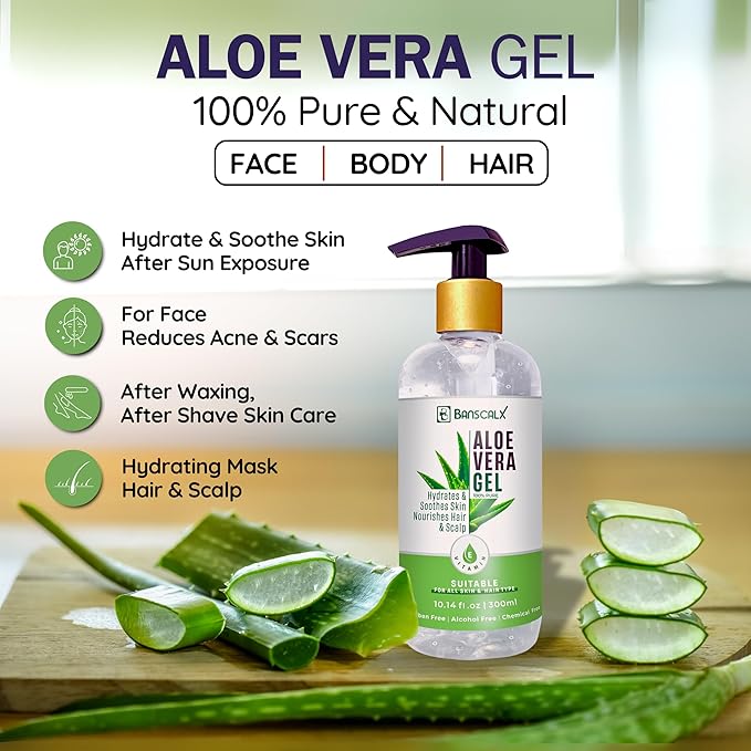 100% Pure Natural Aloe Vera Gel for Moisturizing Face Skin & Hair – Soothing After Sun Exposure, Dry & Sensitive Skin, Non-Sticky (10.14 oz)