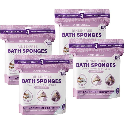 Scrubzz Disposable No Rinse Bathing Wipes - All-in-1 Single Use Shower Wipes, Simply Dampen, Lather, and Dry Without Shampoo or Rinsing (Lavender, 4-Pack)