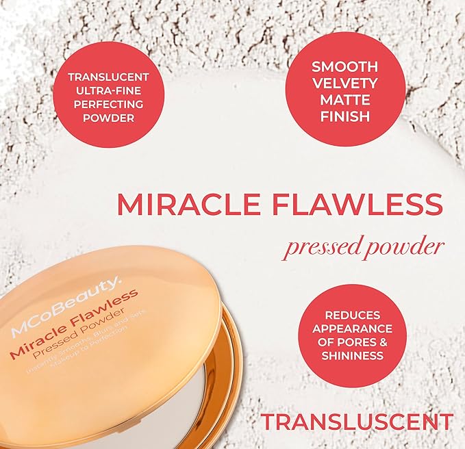 MCoBeauty - Miracle Flawless Pressed Powder - Translucent - Compact Setting Powder with Rose Flower Extract and Sweet Almond Oil - Helps Finish and Refine the Look of Makeup