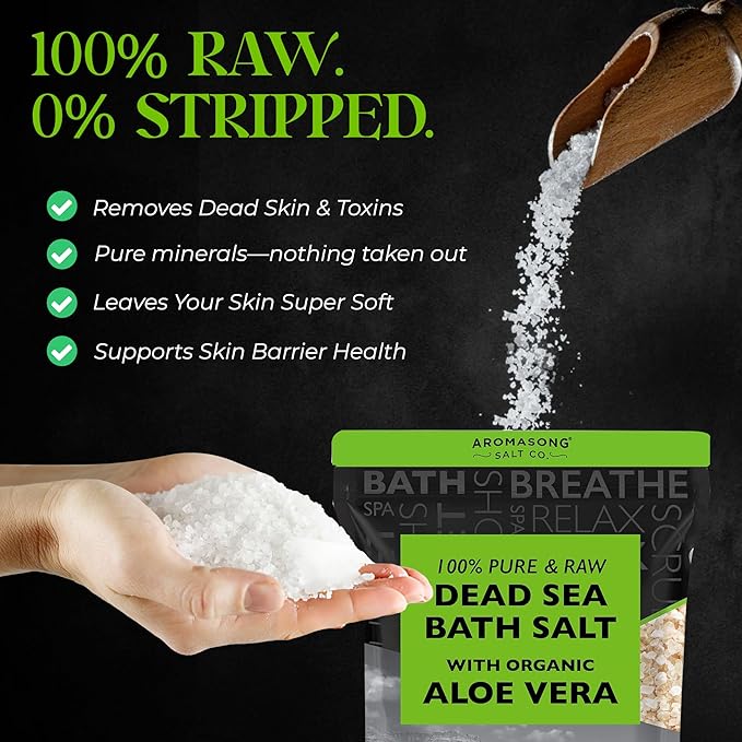 Aromasong 19 lbs RAW Dead Sea Salt with Organic Aloe Vera, not Cleaned, Still Contains All Dead sea Minerals Including Dead sea Mud, Fine Medium Grain Large resealable Bulk Pack - Packaging May Vary